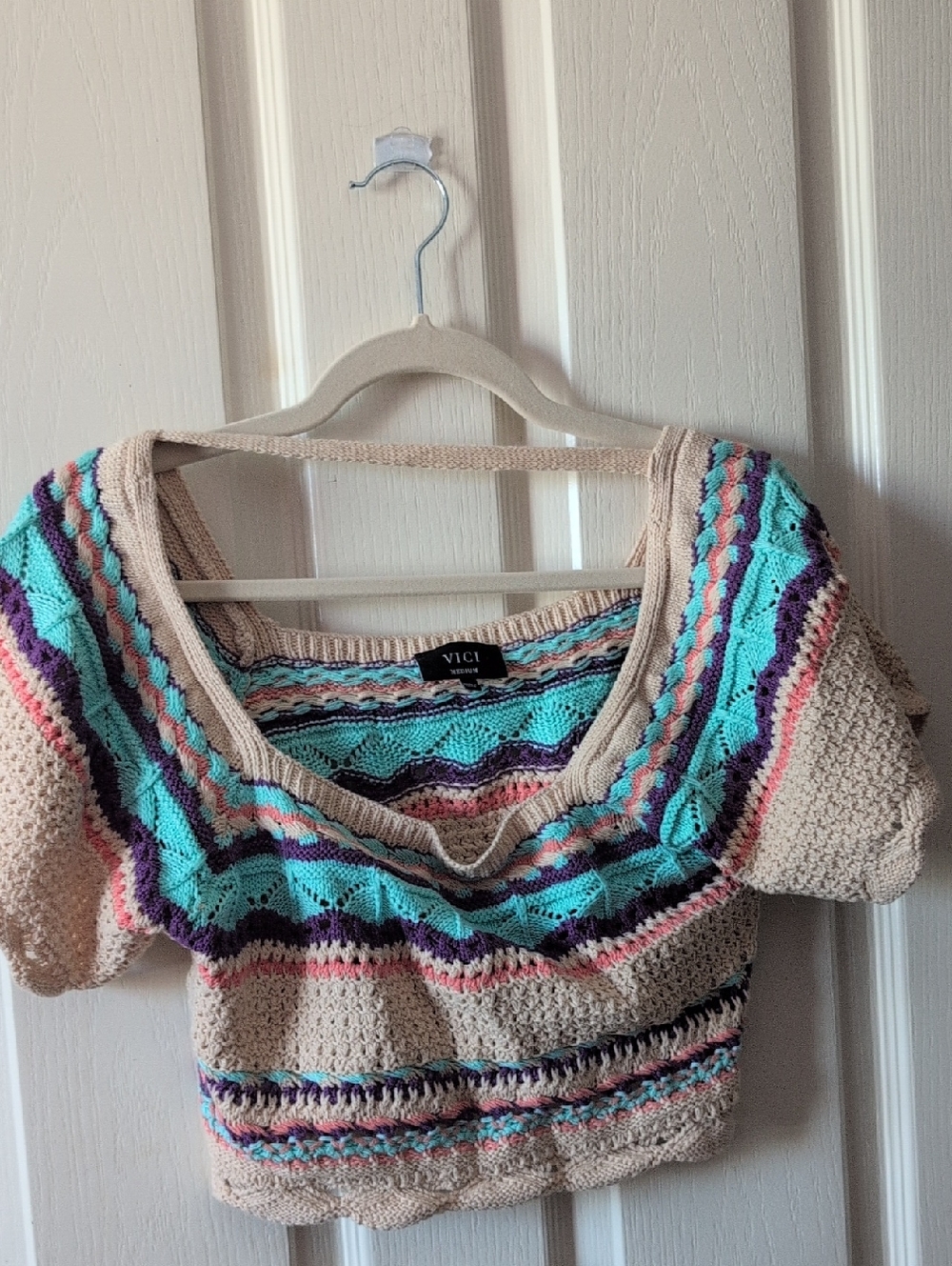 VICI Multicolor Striped Crochet Crop Top - Beige, Teal, Purple